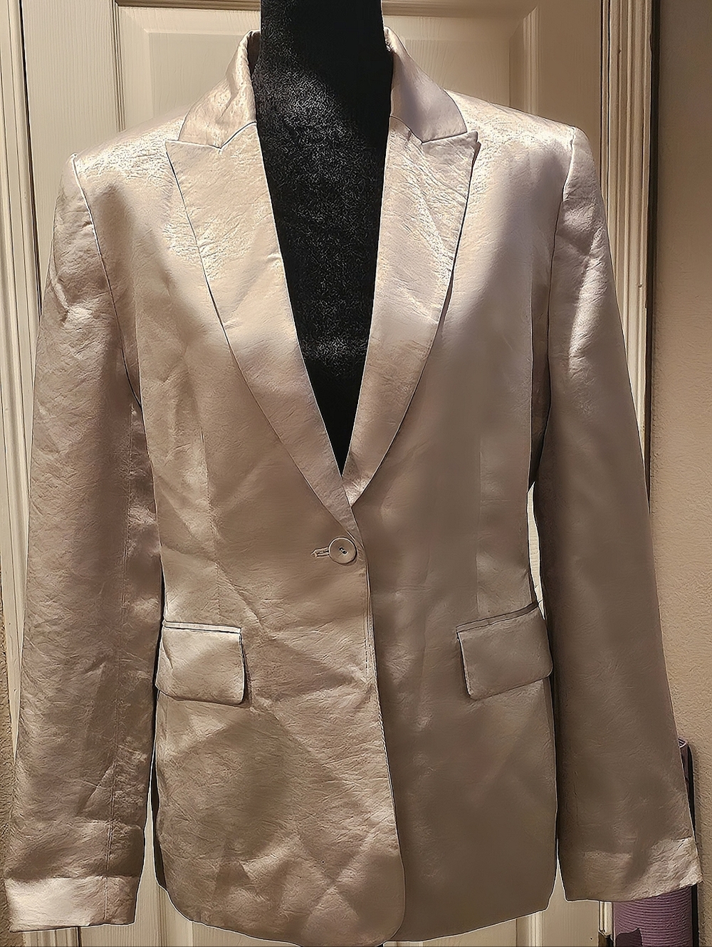 Calvin Klein Silver Satin Single-Button Blazer